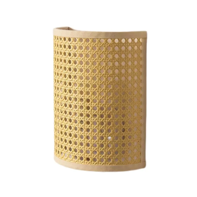 Natural boho style rattan woven sconce wall lamp half-cylinder shape E14 fixture